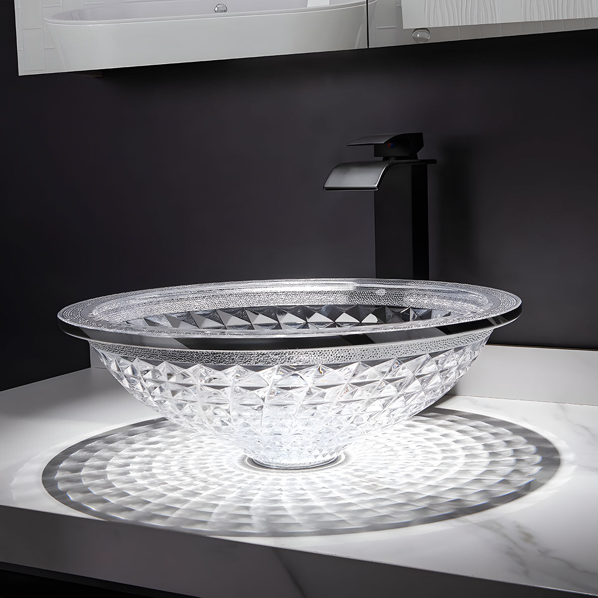 Transparent round diamond carved glass vanity basin matched minimalist dark wall bathroom interior decor
