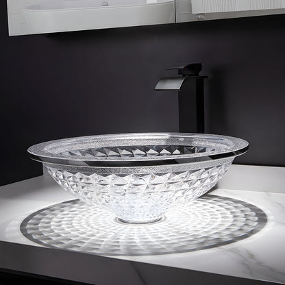 Transparent round diamond carved glass vanity basin matched minimalist dark wall bathroom interior decor

