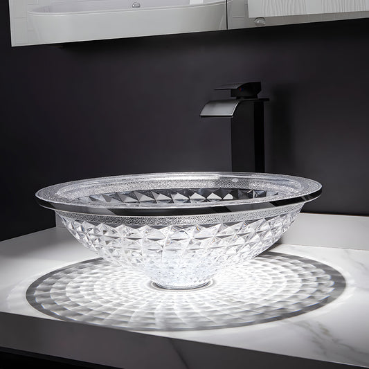 Transparent round diamond carved glass vanity basin matched minimalist dark wall bathroom interior decor
