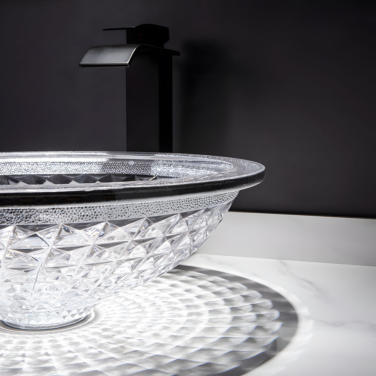 Macro detail of frosted glitter rim edge of round crystal glass vessel wash basin