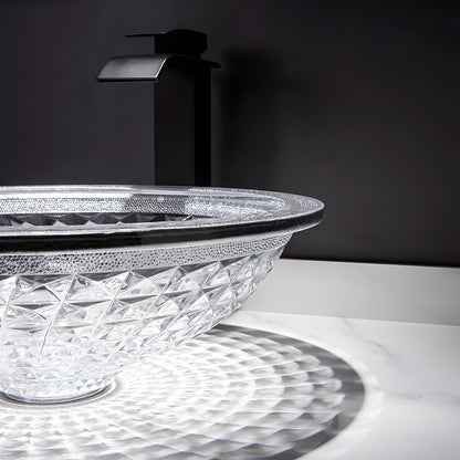 Macro detail of frosted glitter rim edge of round crystal glass vessel wash basin