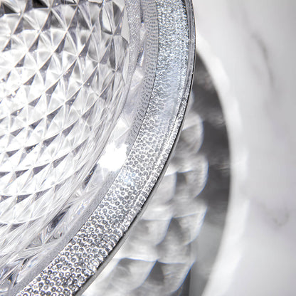 Close-up interior shot of dense diamond embossed texture on clear round tempered glass sink surface