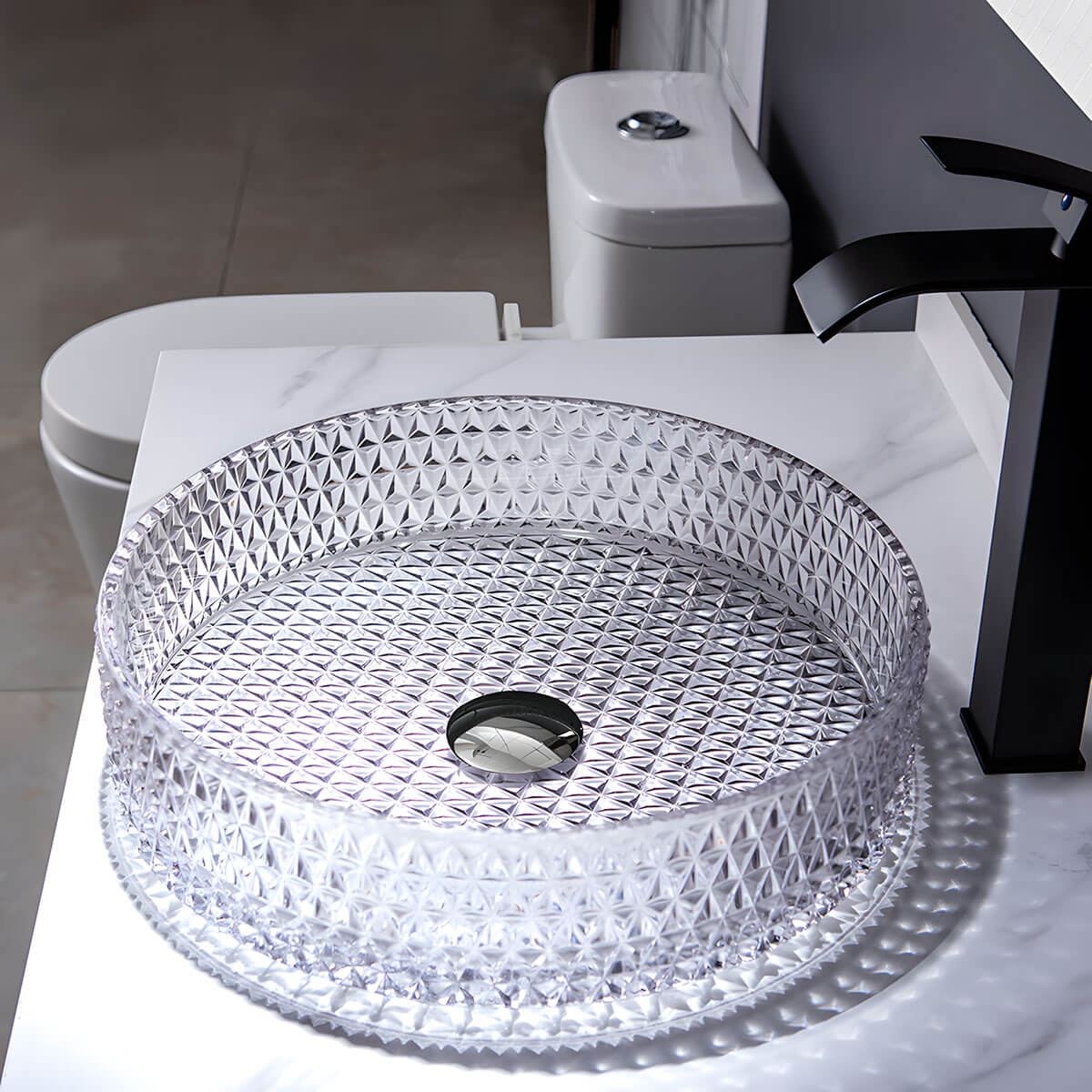 Round tempered glass bathroom sink smooth diamond texture elegant style