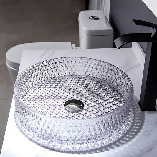 Round tempered glass bathroom sink smooth diamond texture elegant style