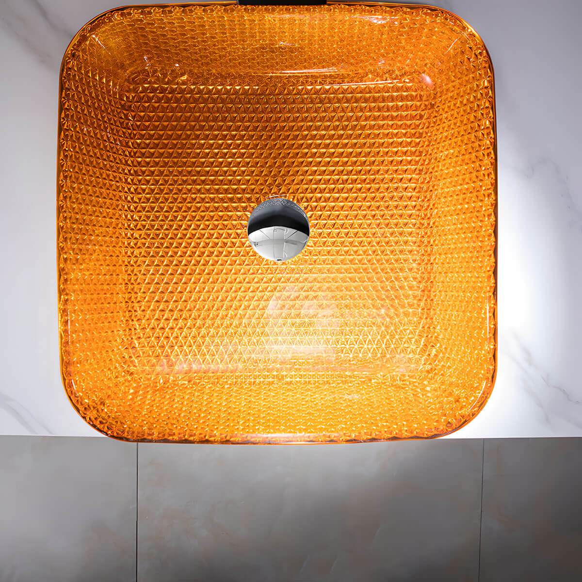Luxury golden embossed square glass wash basin, thick tempered glass vessel sink modern high-end bathroom vanity countertop display
