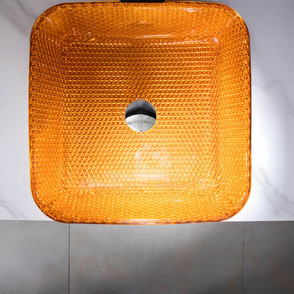 Luxury golden embossed square glass wash basin, thick tempered glass vessel sink modern high-end bathroom vanity countertop display
