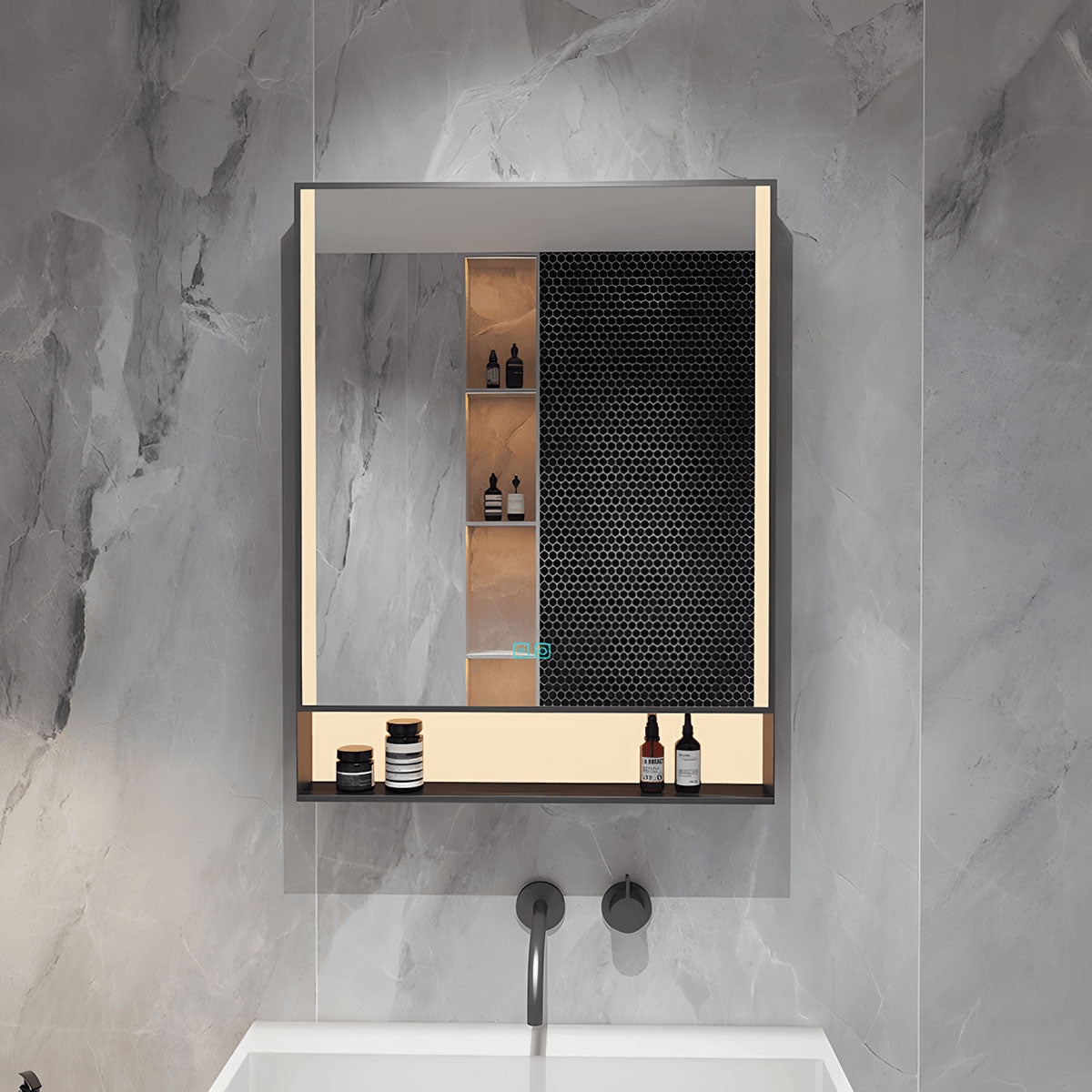 Bathroom mirror with storage shelf for toiletries