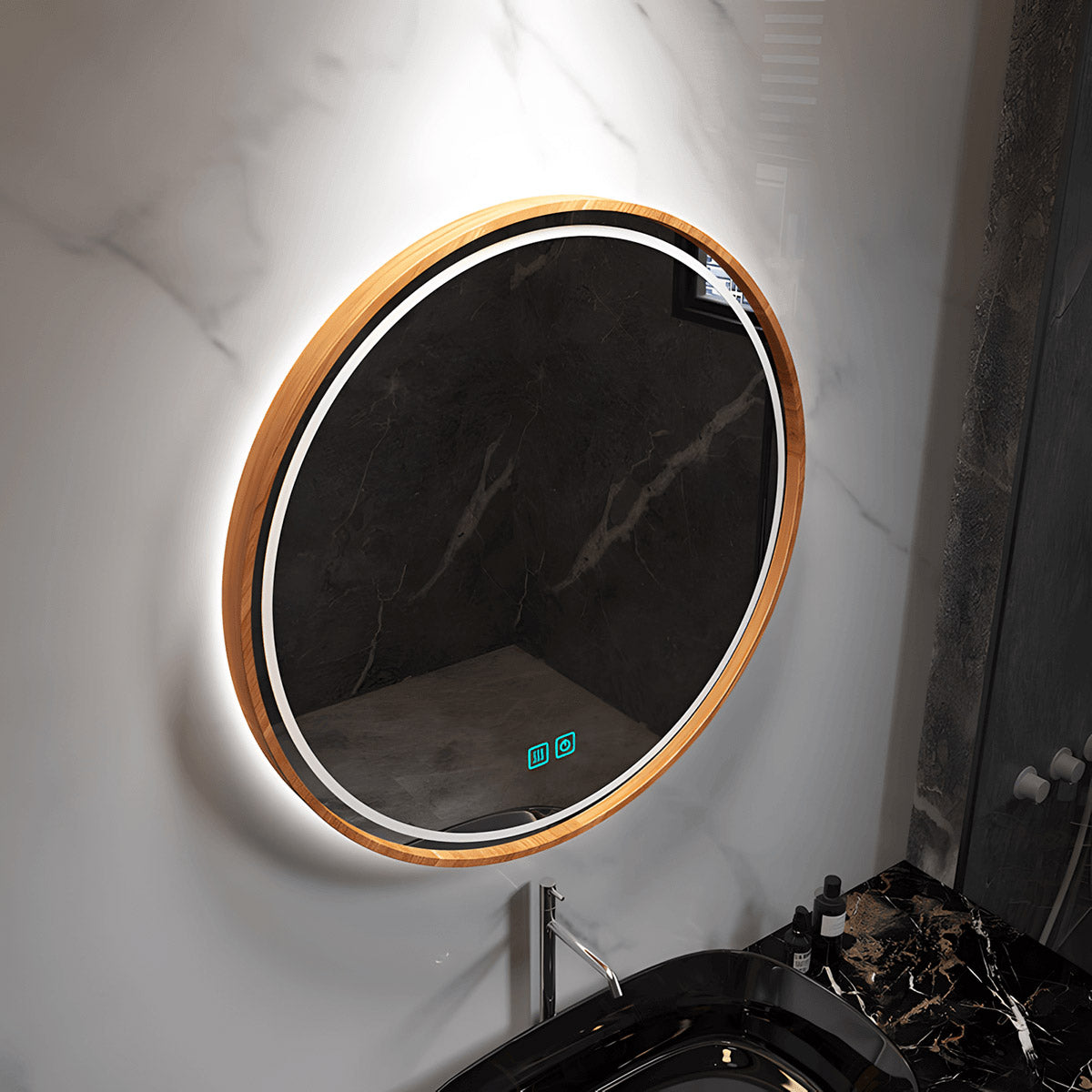 round wood framed LED vanity mirror