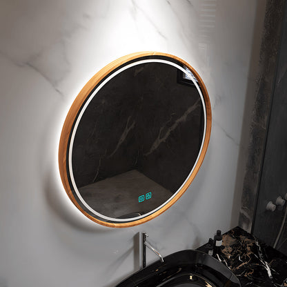 round wood framed LED vanity mirror