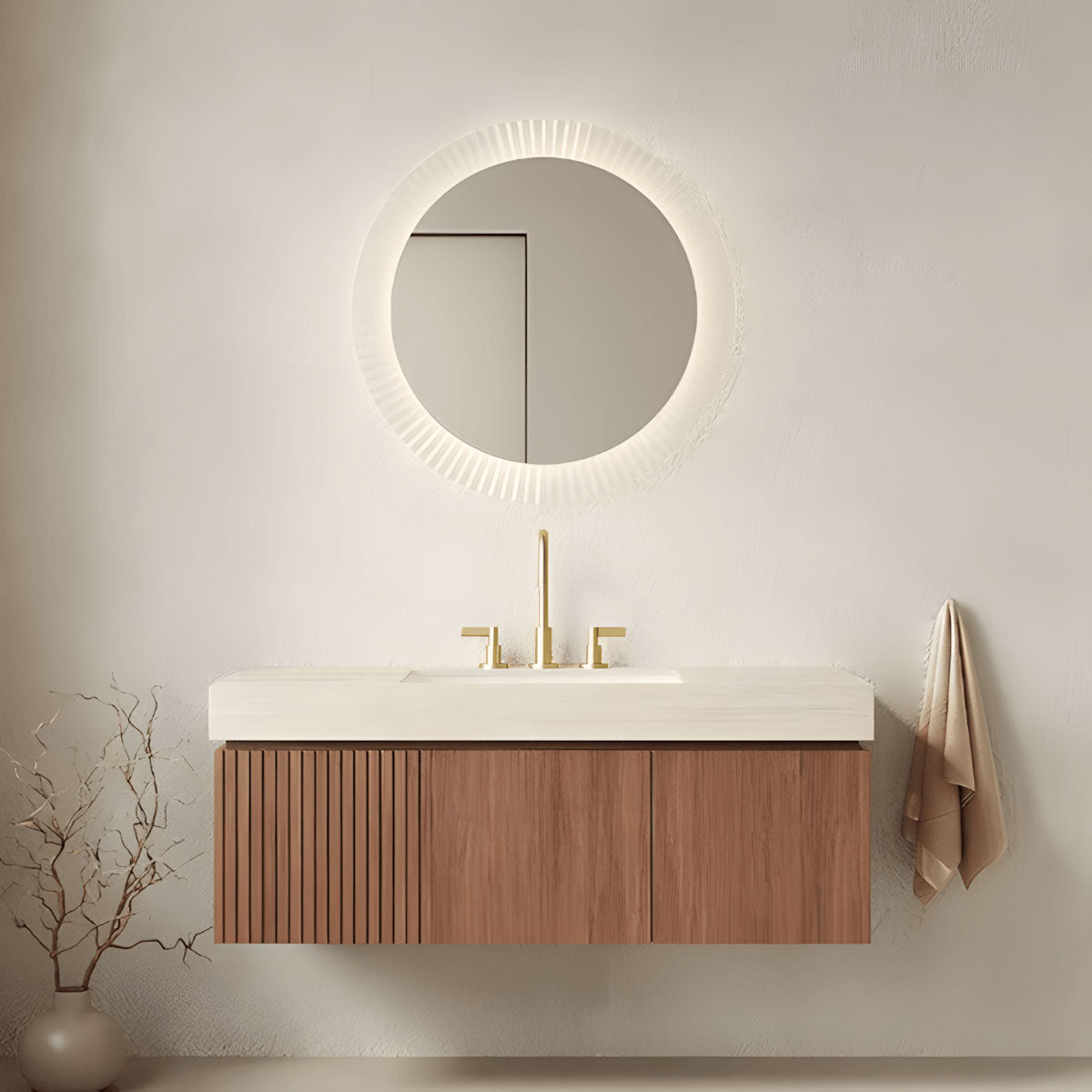 Modern Wall Mounted solid wood bathroom vanity set with ribbed frame round LED backlit mirror on textured beige bathroom wall