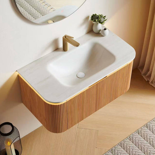 Vertical fluted wood floating bathroom vanity cabinet with integrated natural marble sink, modern wabi sabi wall mounted bathroom cabinet