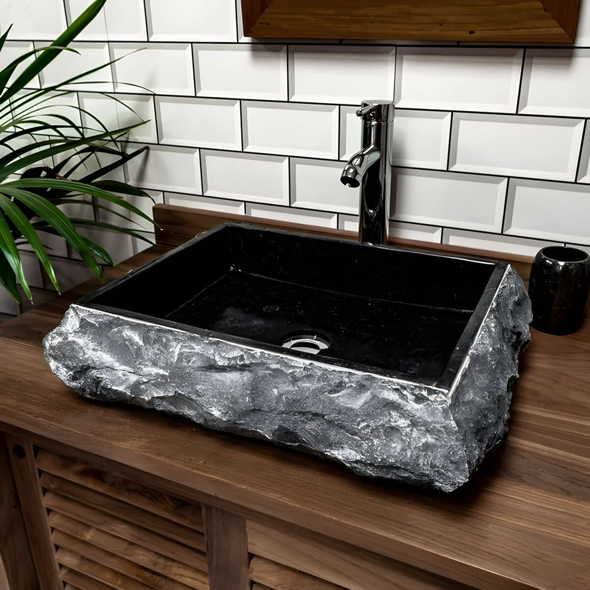 Black natural travertine vessel sink hand carved uneven edge rectangular stone basin vanity counter display
