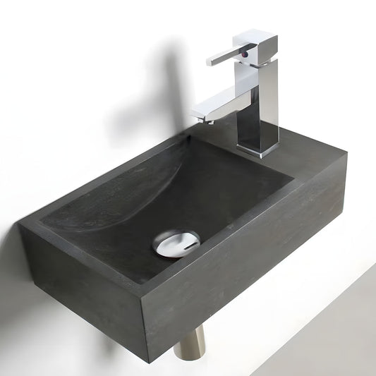 Small rectangular integrated wall mounted black natural stone wash basin with matte stone texture