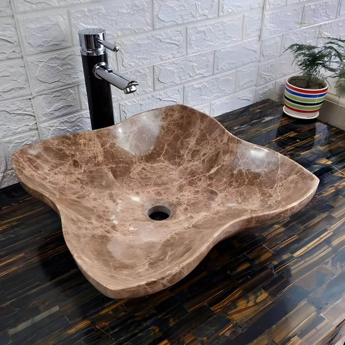natural stone marble vessel sink above counter high-end vanity matching