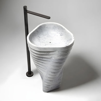 Triangular spiral carved freestanding natural stone marble basin for artistic bathroom decor