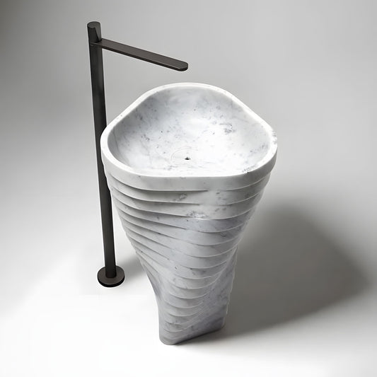 Triangular spiral carved freestanding natural stone marble basin for artistic bathroom decor
