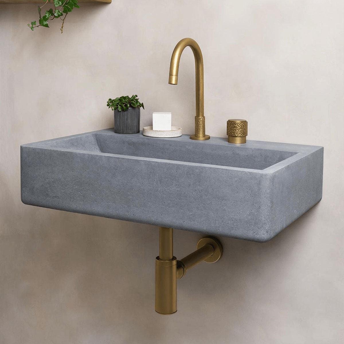 rey rectangular integrated concrete wall mounted sink matched brushed gold faucet, minimalist wabi-sabi bathroom wall hung basin